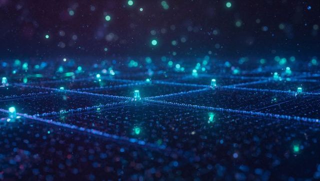 Futuristic Digital Grid with Turquoise Nodes in Abstract Space