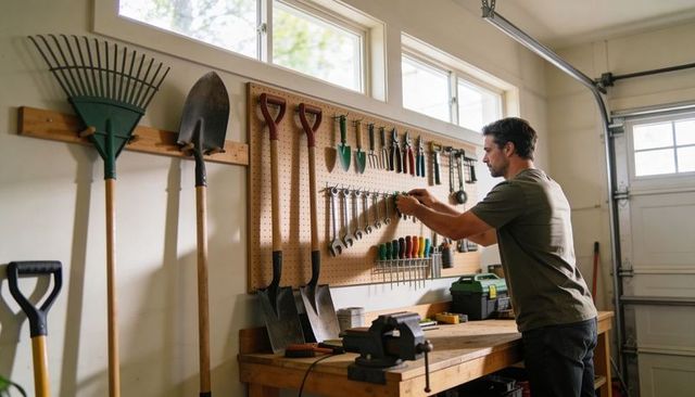 Man adjusting wrench at organized garage workbench with pegboard tool wall and daylight