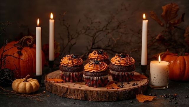 Halloween themed chocolate cupcakes with candles and pumpkins