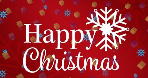 Bright happy christmas greeting card with snowflake and gift boxes