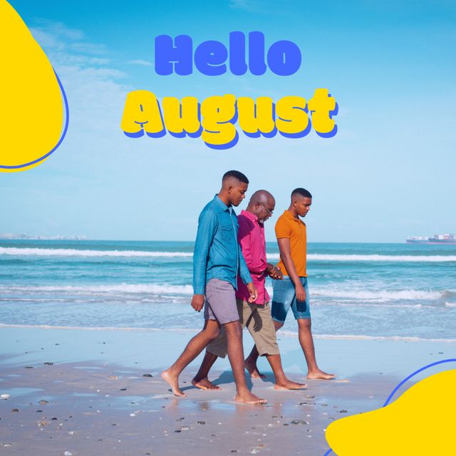 Father and Sons Walking on Beach with Hello August Text - Download Free Stock Templates Pikwizard.com