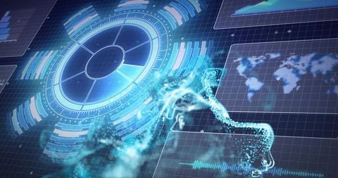 Futuristic holographic hud dashboard with pulsing radar ring and particle human silhouette
