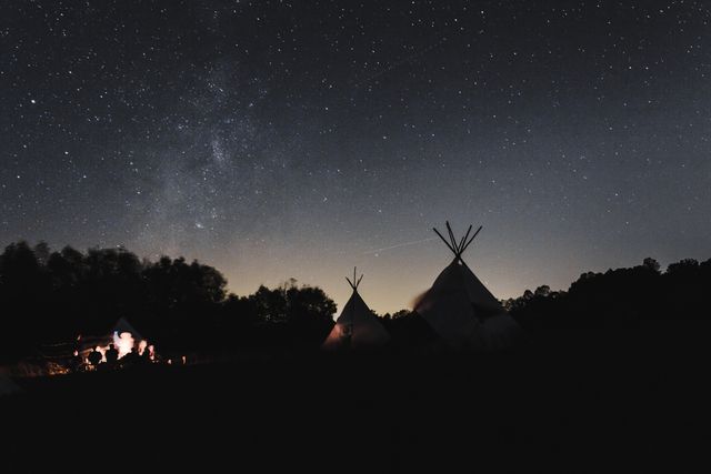 Night camping scene with teepees under a starry sky, featuring a bonfire. Ideal for articles on outdoor adventures, camping tips, nature retreats, or tranquility and relaxation.