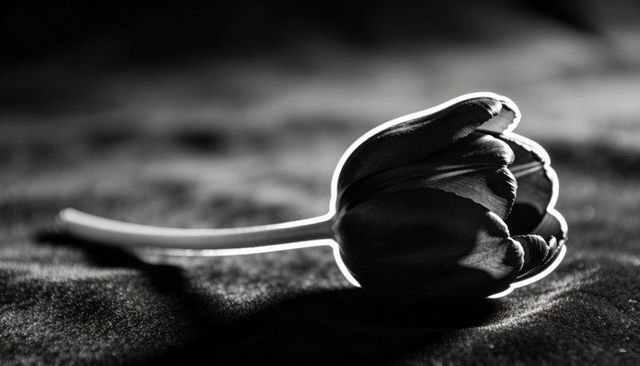 Lying rim-lit tulip catching backlight and casting dramatic shadow on textured surface