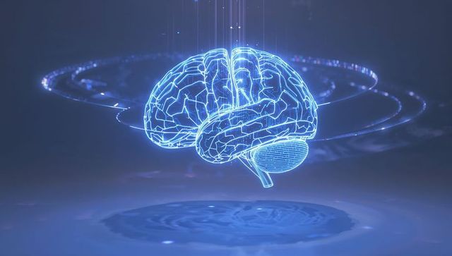 Floating Neon Wireframe Brain with Digital Rings, Data Beams and Futuristic AI Glow