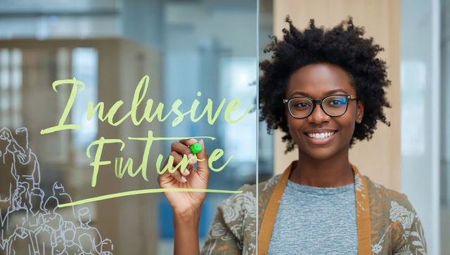 Smiling woman writing inclusive future on glass panel leading diversity workshop