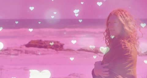 Peaceful solitude at the beach with heart overlays