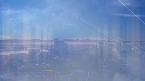 Futuristic Cityscape with Motion Paths and Network Links