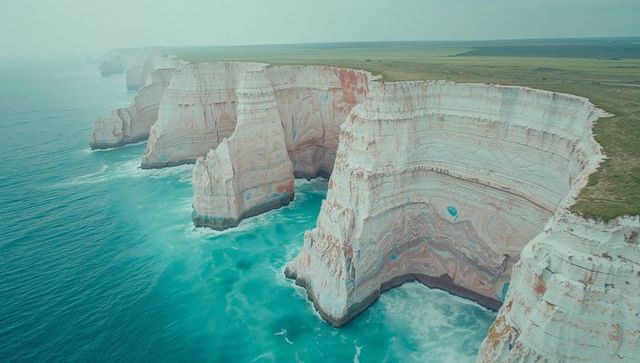 Majestic stratified chalk cliffs by turquoise sea aerial view