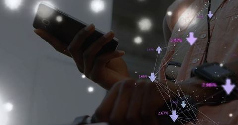 Commuter holding smartphone on train with digital data network overlay and bokeh lights