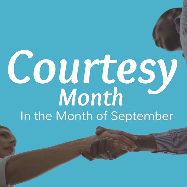 Multiracial man and woman shaking hands, courtesy month in the month of september text. Copy space, digital composite, celebration, courtesy month, being kind and courteous concept.