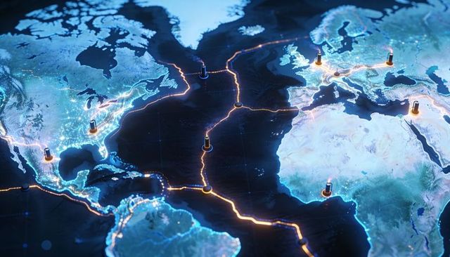 Transatlantic Submarine Cable Network Connecting Continents with Glowing Hub Beacons