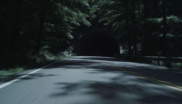 Approaching dark tunnel through forest on curving asphalt road with double yellow lines