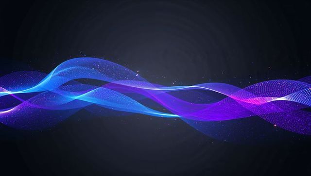 Flowing neon wave ribbons weaving across dark gradient with glowing particles