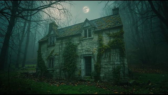 Mysterious mossy cottage in misty forest under full moon
