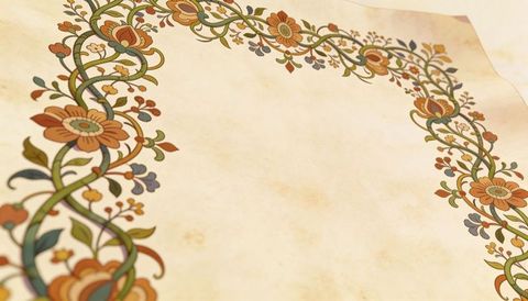 Vintage floral vine border on aged parchment with top-right curl and warm mottled texture