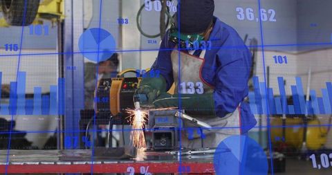 Female welder grinding metal sparks with industrial data overlay, manufacturing analytics