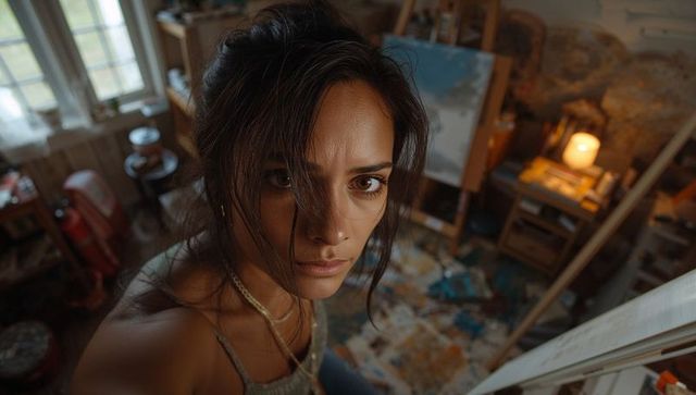 Woman artist looking up in paint-splattered studio, intense portrait of painter in atelier