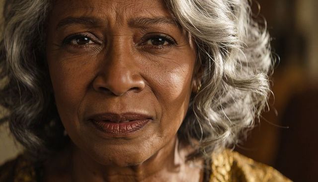 Senior black woman facing camera in warm living room portrait wearing gold top