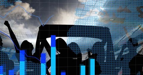 Silhouettes of fans with financial charts overlapping stadium scene