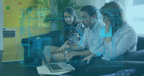 Colleagues Collaborating with Digital Data Interface in Modern Office