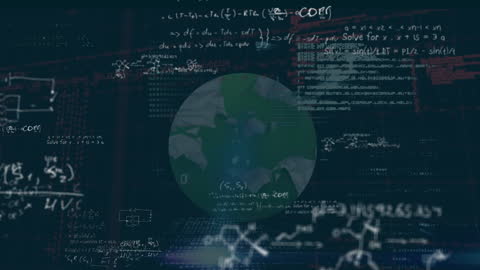 Digital Data Streams Surrounding Floating Globe with Mathematical Equations