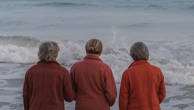 Three senior women wearing rust jackets facing ocean waves on quiet coastal beach