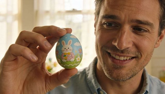 Smiling man holding painted easter egg with bunny illustration in sunlit kitchen