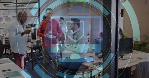 Diverse professionals networking with digital overlay in modern office