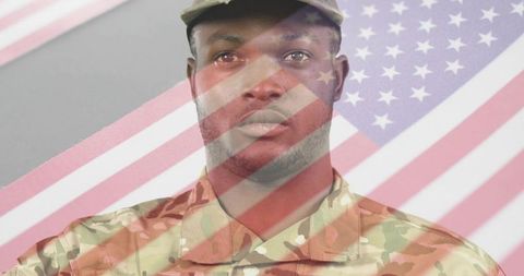 Proud soldier in camouflage against american flag background