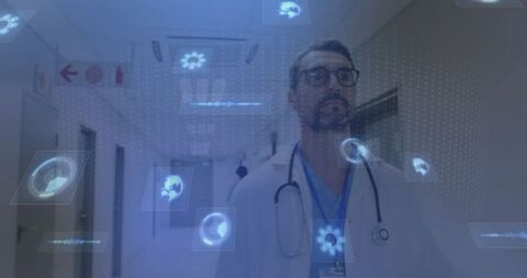 Doctor Interacting with Holograms in Futuristic Hospital Corridor