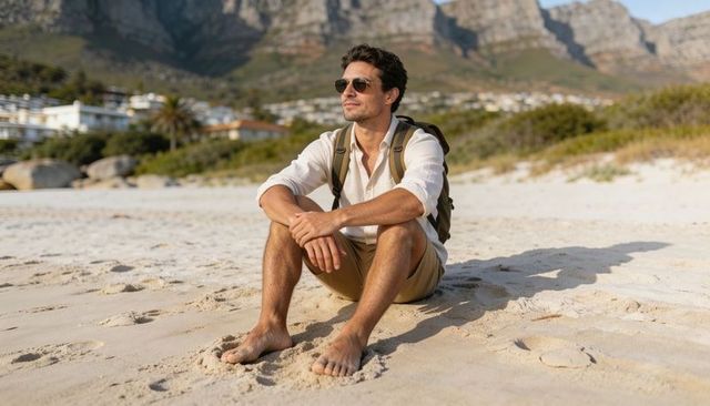 Contemplative traveler sitting on sunlit beach wearing linen shirt, shorts and backpack
