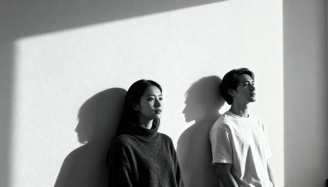 Minimal monochrome couple standing against textured wall casting long dramatic shadows