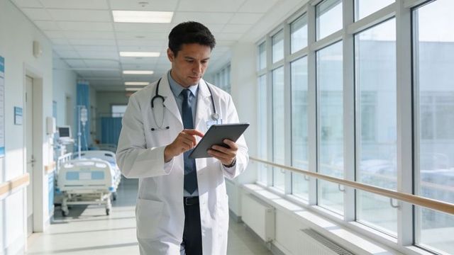 Male doctor using tablet in sunlit hospital corridor, digital healthcare technology