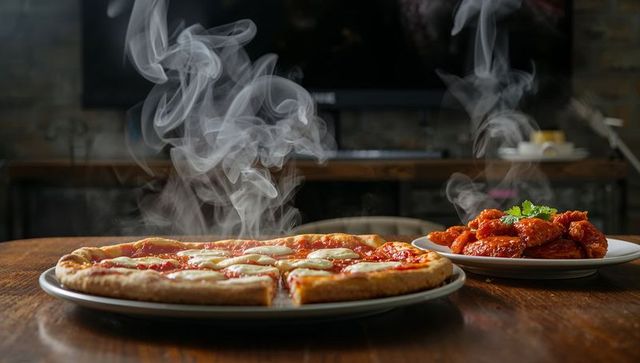 Steaming pepperoni pizza with melting mozzarella and saucy buffalo wings on rustic table