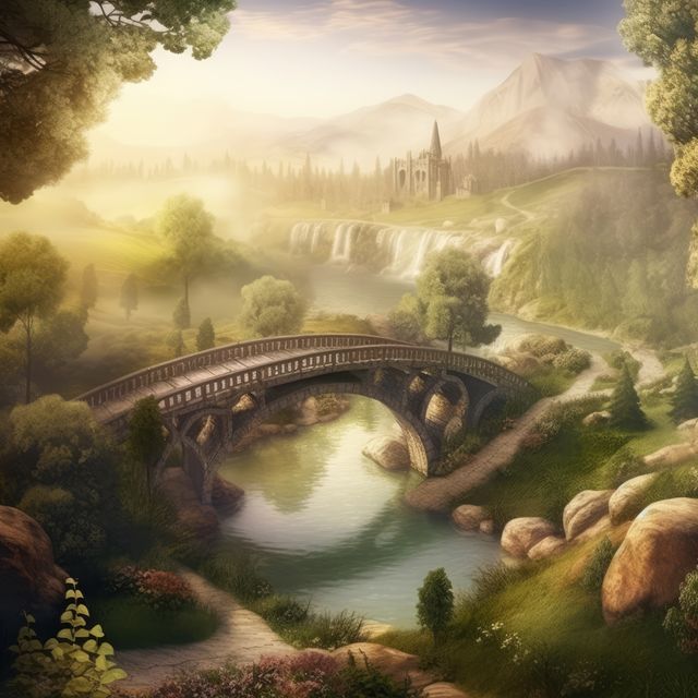 This picturesque illustration captures a misty sunrise over a scenic mountain village featuring a serene river and a stone bridge. Ideal for use in fantasy-themed artworks, storytelling backdrops, travel brochures, or inspirational posters promoting tranquility and natural beauty.