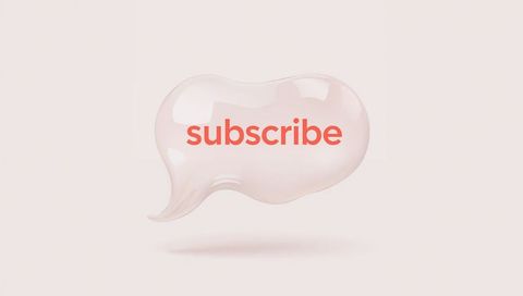 Floating glossy speech-bubble with lowercase coral subscribe text on pastel blush
