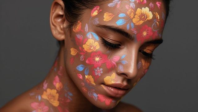 Closeup woman wearing vibrant floral face paint, metallic eye makeup and bare shoulder