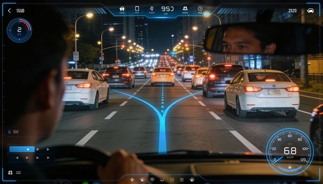 Driver perspective nighttime urban driving with augmented reality hud navigation overlay