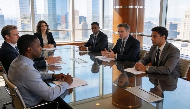 Executive hiring panel conducting candidate interview in modern high-rise glass boardroom