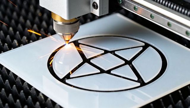 Fiber laser cutting acrylic sheet with sparks on honeycomb bed for precision fabrication