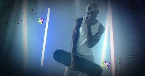 Futuristic Skater in Neon Light Vibes with Glitch Effects