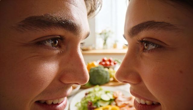 Intimate couple leaning nose-to-nose smiling in bright kitchen with fresh salad