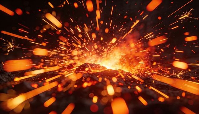 Erupting molten fissure throwing sparks and embers over glowing volcanic rock