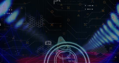 Futuristic Digital Interface with Glowing Grid and Shapes