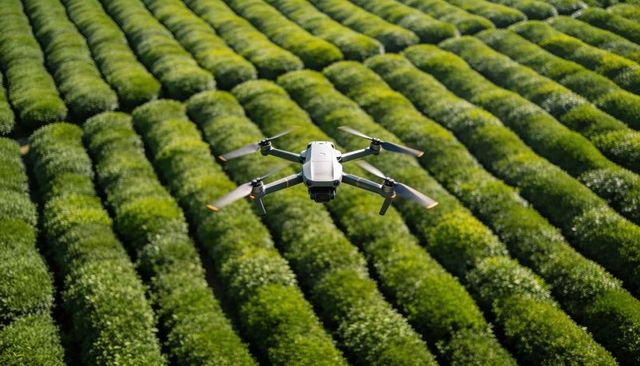Drone surveying green crop rows for precision agriculture and aerial crop monitoring