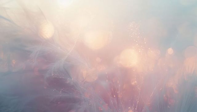 Shimmering dewy feathery seed heads glowing in soft pastel bokeh light