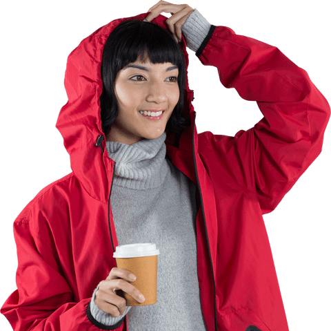 Happy Woman in Red Jacket Enjoying Coffee Transparent Background
