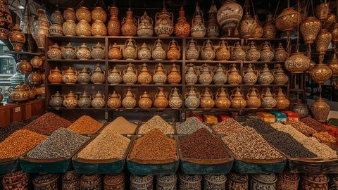 Traditional Bazaar Stall with Ceramic Jars and Diverse Spices Display