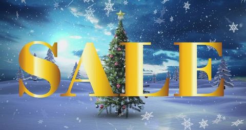 Festive christmas sale with tree in snowy landscape
